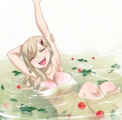 Rule 34 | 1girl, armpits, arms up, blonde hair, breasts, colorized, eden&#039;s zero, closed eyes, gaston18, hair ornament, hairclip, large breasts, leaf, long hair, mashima hiro, nude, open mouth, partially submerged, rebecca bluegarden, sitting, solo