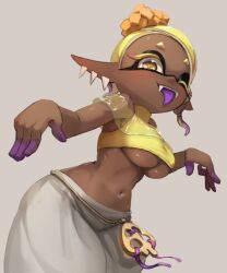 Rule 34 | 1girl, blonde hair, breasts, cleavage, dark-skinned female, dark skin, fangs, frye (splatoon), grey background, inkling, inkling player character, large breasts, long hair, martin (tuxedopato), navel, nintendo, one eye closed, open mouth, pants, pointy ears, simple background, solo, splatoon (series), splatoon 3, tongue, tongue out, underboob, yellow eyes
