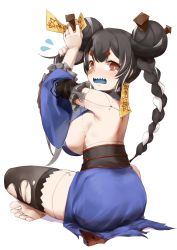 Rule 34 | 1girl, absurdres, barefoot, black hair, black thighhighs, blue dress, braid, breasts, chinese commentary, detached sleeves, dress, from behind, highres, indian style, indie virtual youtuber, kuroshima mayu, large breasts, looking at viewer, multicolored hair, open mouth, oshin0 (zheng), sideboob, sitting, soles, solo, streaked hair, talisman, thighhighs, toes, torn clothes, torn thighhighs, twin braids, virtual youtuber, white background, white hair, worried