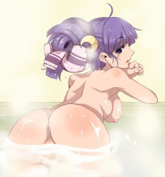 Rule 34 | 1girl, ahoge, all fours, anus, armpits, ass, back, bad id, bad pixiv id, bath, bathing, bent over, breasts, censored, convenient censoring, crescent, crescent hair ornament, earrings, elbow rest, fat mons, female focus, female pubic hair, from behind, hair ornament, hair up, jewelry, large breasts, looking at viewer, looking back, nada haruka, night, nipples, nude, open mouth, patchouli knowledge, profile, pubic hair, purple eyes, purple hair, pussy, solo, steam, stud earrings, touhou, towel, water, wet