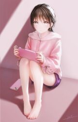 Rule 34 | 1girl, artist name, barefoot, blurry, blush, bow, brown hair, cellphone, closed mouth, commentary, controller, fingernails, floor, game controller, gamepad, grey shirt, hair between eyes, hands up, highres, holding, hood, hoodie, indoors, long sleeves, looking at viewer, ojay tkym, original, phone, pink bow, pink eyes, pink hoodie, pink theme, puffy long sleeves, puffy sleeves, purple shorts, shadow, shirt, short hair, short shorts, shorts, sitting, smartphone, solo, symbol-only commentary, t-shirt, teeth, toenails, wall