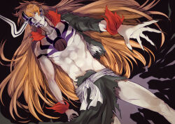 Rule 34 | 1boy, abs, absurdres, black background, black nails, black sclera, bleach, broken mask, chest tattoo, collarbone, colored sclera, dutch angle, fingernails, hair between eyes, highres, hole in chest, hole on body, hollow mask, horns, kurosaki ichigo, long hair, looking at viewer, male focus, mask, obi, one eye covered, onimoti, orange hair, pale skin, parted lips, pectorals, red fur, sash, sharp fingernails, single horn, single sleeve, skull mask, solo, stomach, tattoo, teeth, topless male, torn clothes, white sash, yellow eyes