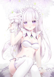 Rule 34 | 10s, 1girl, absurdres, adapted costume, bad id, bad pixiv id, bra, breasts, butterfly hair ornament, cleavage, dress, emilia (re:zero), flower, hair ornament, highres, holding, holding flower, long hair, looking at viewer, maid headdress, medium breasts, navel, open mouth, purple eyes, re:zero kara hajimeru isekai seikatsu, siloteddy, silver hair, sitting, solo, strapless, strapless dress, tears, thighhighs, underwear, underwear only, white bra, white flower, white thighhighs, wristband