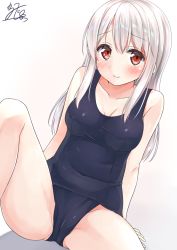 Rule 34 | 1girl, arm support, bad id, bad pixiv id, bare legs, bare shoulders, black one-piece swimsuit, blush, breasts, cameltoe, collarbone, commentary request, covered navel, karutamo, long hair, looking at viewer, medium breasts, old school swimsuit, one-piece swimsuit, original, red eyes, school swimsuit, silver hair, simple background, sitting, smile, solo, spread legs, swimsuit, tisshu (karutamo), white background