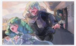 Rule 34 | 1girl, 2boys, 3rdk0n, blush, bow, byleth (fire emblem), byleth (male) (fire emblem), closed eyes, dress, drill hair, family, father and daughter, fire emblem, fire emblem: three houses, flayn (fire emblem), flower, green eyes, green hair, multiple boys, nintendo, open mouth, scarf, seteth (fire emblem), sweater
