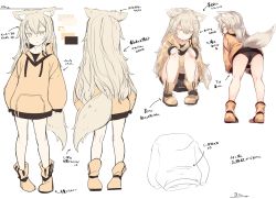 Rule 34 | 1girl, absurdres, animal ears, arrow (symbol), ass, bad id, bad pixiv id, black panties, boots, brown footwear, brown hoodie, character name, character sheet, color guide, commentary request, drawstring, expressionless, fox ears, fox girl, fox tail, from behind, highres, hood, hood down, hoodie, leaning forward, light brown hair, long hair, long sleeves, multiple views, no pants, original, otokuyou, panties, sleeves past wrists, squatting, standing, tail, translation request, underwear, very long hair, white background, yellow eyes