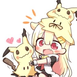Rule 34 | 1girl, :d, black serafuku, blonde hair, commentary, cosplay, creatures (company), crossover, fang, fingerless gloves, game freak, gen 7 pokemon, gloves, hair ornament, hair ribbon, hairclip, hat, heart, jako (jakoo21), kantai collection, long hair, mimikyu, mimikyu (cosplay), neckerchief, nintendo, open mouth, pleated skirt, pokemon, pokemon sm, red eyes, red neckerchief, ribbon, scarf, school uniform, serafuku, skirt, smile, white scarf, yuudachi (kancolle)