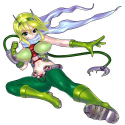 Rule 34 | 1girl, blue eyes, boots, breasts, claw (weapon), flying kick, full body, gloves, green hair, hairband, hayama yuujirou, hayami yuujirou, highres, kicking, large breasts, midriff, navel, scarf, short hair, simple background, solo, spandex, tentacles tactics, weapon, white background