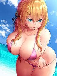 Rule 34 | 1girl, anchor hair ornament, bare shoulders, beach, bikini, blonde hair, blue eyes, blue sky, blush, breast hold, breasts, cleavage, collarbone, crossed arms, curvy, day, hair between eyes, hair ornament, highres, hip focus, kantai collection, large breasts, leaning forward, long hair, looking down, low twintails, o-ring, ocean, oekakizuki, open mouth, pink bikini, prinz eugen (kancolle), sky, solo, swimsuit, thick thighs, thighs, twintails, wet, wide hips