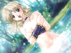 Rule 34 | 1girl, bathing, blonde hair, castle fantasia 3, covering privates, covering breasts, crossed arms, dutch angle, game cg, green eyes, levian forms, nude, solo, sparkle, yamamoto kazue