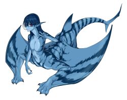Rule 34 | 1girl, animal hands, bare shoulders, black claws, blue hair, blue skin, breasts, clawed hands, cleavage, colored skin, commentary, completely nude, extra legs, fins, fish girl, fish tail, flat chest, full body, head fins, highres, long hair, looking at viewer, monster girl, multicolored skin, no nipples, nude, original, p.maker, parted lips, purple eyes, shark fin, shark girl, shark tail, simple background, solo, stomach, symbol-only commentary, tail, taur, tiger stripes, white background