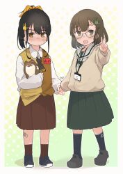 Rule 34 | 2girls, absurdres, bandaid, bandaid on leg, black hair, bokukawauso, brown eyes, brown hair, brown skirt, c2-chan, c2 kikan, closed mouth, glasses, green skirt, hair ornament, highres, holding, holding hands, id card, kantai collection, long sleeves, ma rukan, multiple girls, name tag, open mouth, re-ka-chan, sailor collar, shoes, side ponytail, simple background, skirt, standing, stuffed toy, tears