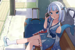 Rule 34 | 1girl, absurdres, ahoge, bangom r, blue eyes, blue hair, blue kimono, cellphone, detached sleeves, fins, fish tail, foot out of frame, gawr gura, gawr gura (new year), highres, holding, holding phone, hololive, hololive english, japanese clothes, kimono, long sleeves, luggage, medium hair, multicolored hair, obi, phone, rolling suitcase, sandals, sash, shark tail, sitting, sleeveless, sleeveless kimono, smartphone, socks, solo, streaked hair, suitcase, tabi, tail, thigh strap, two side up, virtual youtuber, white hair, white socks