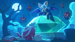 Rule 34 | 1girl, 2boys, animal ears, bare tree, bat wings, big the cat, black gloves, boots, breasts, cat ears, chao (sonic), eyelashes, eyeshadow, furry, furry female, furry male, gloves, green eyes, halloween, knuckles the echidna, lipstick, looking at another, makeup, master emerald, moon, multiple boys, night, night sky, official art, peeking out, pillar, pumpkin, rouge the bat, sitting, sky, smile, sonic (series), star (sky), starry sky, tail, tree, uno yuuji, white gloves, wings