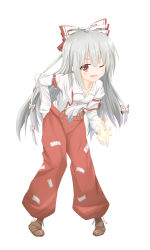 Rule 34 | 1girl, ;d, bent over, boots, bow, breasts, collared shirt, fire, fire, fujiwara no mokou, full body, hair bow, highres, large bow, leaning forward, long hair, looking at viewer, nise (  nise6  ), one eye closed, open mouth, pants, red eyes, shirt, silver hair, small breasts, smile, solo, suspenders, touhou, very long hair