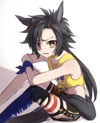 Rule 34 | 1girl, absurdres, air shakur (umamusume), animal ears, belt, black hair, black shorts, clenched teeth, clothing cutout, crossed arms, eyebrow piercing, feet out of frame, furrowed brow, highres, horse ears, horse girl, horse tail, knees up, looking at viewer, omochi inu nekobako, parted lips, piercing, sharp teeth, shirt, shorts, simple background, single thighhigh, sitting, sleeveless, sleeveless shirt, solo, tail, teeth, thighhighs, torn clothes, torn thighhighs, umamusume, yellow eyes, yellow shirt