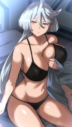 Rule 34 | 1girl, ahoge, alternate breast size, bare shoulders, bed sheet, bikini, black bikini, blush, breasts, cafekun, cleavage, covered erect nipples, eyebrows hidden by hair, grey hair, gundam, gundam suisei no majo, hair between eyes, highres, holding, huge breasts, indoors, long hair, looking at viewer, miorine rembran, navel, on bed, parted lips, pov, pov hands, shiny skin, sitting, solo focus, swimsuit, thighs, very long hair