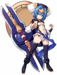Rule 34 | 1girl, armpit cutout, black thighhighs, blue hair, breasts, clothing cutout, green eyes, headpiece, hellmatio, karukan (monjya), looking at viewer, pointy ears, shinrabanshou, skull, small breasts, smile, solo, thick eyebrows, thighhighs, white headwear