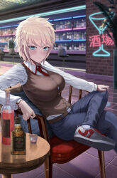 Rule 34 | 1girl, alcohol, alina novikov, aqua eyes, bar (place), blonde hair, breasts, brown vest, button gap, chair, commission, crossed legs, denim, highres, jeans, large breasts, long sleeves, looking at viewer, necktie, pants, red necktie, shirt, short hair, silvertsuki, sitting, solo, tatakau ataisuru, tomboy, vest, white shirt