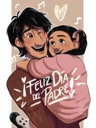 Rule 34 | 1boy, 1girl, black hair, bow, braid, brown eyes, carrying, charro, child, child carry, coco (disney), dark-skinned male, dark skin, disney, dress, facial hair, father&#039;s day, father and daughter, goatee, hector rivera, hector rivera (alive), highres, jacket, mama coco, short hair, skeleton, skull, smile, spoilers, twin braids, aged down