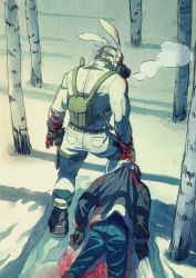 Rule 34 | 2boys, animal ears, backpack, bag, belt, black footwear, black jacket, blood, blood on clothes, blood on ground, blood on hands, blue pants, boots, breasts, caiman (dorohedoro), day, dorohedoro, dragging, forest, fur-trimmed jacket, fur trim, gas mask, gloves, green gloves, highres, iwamushi, jacket, male focus, mask, multiple boys, nature, outdoors, pants, rabbit ears, snow, solo focus, spikes, tree, tree shade, walking, white jacket, white pants