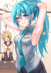 Rule 34 | 2girls, ?, alternate hairstyle, aqua eyes, aqua hair, aqua necktie, armpits, arms up, bare arms, bare shoulders, belt, black skirt, black sleeves, blonde hair, blush, breasts, closed mouth, collarbone, collared shirt, commentary request, crop top, detached sleeves, flower, grey shirt, hair between eyes, hair ornament, hair ribbon, hairclip, hatsune miku, highres, indoors, inue ao, kagamine rin, long hair, looking at another, looking at viewer, medium breasts, midriff, multiple girls, neckerchief, necktie, open mouth, ponytail, ribbon, sailor collar, shirt, short hair, sidelocks, skirt, sleeveless, sleeveless shirt, small breasts, spoken question mark, swept bangs, tying hair, upper body, vocaloid, white ribbon, white shirt, window, yellow belt, yellow neckerchief
