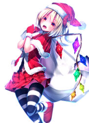 Rule 34 | 1girl, blonde hair, christmas, fangs, flandre scarlet, hat, looking at viewer, open mouth, panties, pantyshot, red eyes, ryosios, santa costume, santa hat, short hair, side ponytail, simple background, skirt, solo, striped clothes, striped thighhighs, thighhighs, touhou, underwear, upskirt, white background, white panties, wings, zettai ryouiki