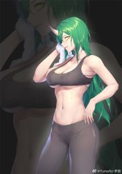 Rule 34 | 1girl, arknights, black background, black bra, bra, breasts, cleavage, contrapposto, cowboy shot, green hair, highres, horns, hoshiguma (arknights), large breasts, long hair, midriff, navel, parted lips, profile, simple background, single horn, solo, sports bra, stomach, sweat, towel, underboob, underwear, weibo watermark, yellow eyes, yumero, zoom layer