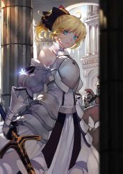 Rule 34 | 1girl, ahoge, architecture, armor, artoria pendragon (all), artoria pendragon (fate), blonde hair, breastplate, budinger, cloud, cloudy sky, detached sleeves, fate/grand order, fate/unlimited codes, fate (series), gauntlets, green eyes, highres, holding, holding sword, holding weapon, long hair, looking at viewer, medieval, messy hair, pillar, ponytail, saber (fate), saber lily, skirt, sky, solo focus, sword, weapon