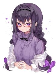 Rule 34 | 1girl, akemi homura, akemi homura (winter costume), black hairband, blush, braid, breasts, cropped torso, dot nose, fake facial hair, fake mustache, glasses, hair ribbon, hairband, highres, long hair, long sleeves, looking down, low-braided long hair, low-tied long hair, magia record: mahou shoujo madoka magica gaiden, mahou shoujo madoka magica, medium breasts, off shoulder, own hands together, parted lips, purple eyes, purple hair, purple ribbon, purple sweater, ribbed sweater, ribbon, simple background, solo, sparkle, sumi (sumik xxx), sweater, turtleneck, turtleneck sweater, twin braids, twintails, upper body, white background