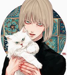 Rule 34 | 1boy, animal, black shirt, blonde hair, cat, closed mouth, expressionless, fingernails, green eyes, hair between eyes, highres, holding, holding animal, holding cat, kagoya1219, long sleeves, looking at viewer, male focus, original, shirt, short hair, signature, solo, upper body, white cat