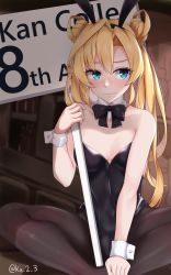 Rule 34 | 1girl, absurdres, abukuma (kancolle), animal ears, anniversary, black leotard, black pantyhose, blonde hair, blue eyes, bow, bowtie, breasts, commentary request, copyright name, detached collar, double bun, facing viewer, fake animal ears, hair bun, hair rings, highres, ibuki grunt, indian style, kantai collection, leotard, long hair, pantyhose, placard, playboy bunny, rabbit ears, sideways glance, sign, sitting, small breasts, solo, strapless, strapless leotard, twitter username, wrist cuffs