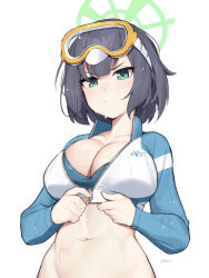 Rule 34 | 1girl, black hair, blue archive, blue eyes, blue jacket, breasts, cleavage, closed mouth, cropped jacket, dasdokter, halo, highres, jacket, large breasts, long sleeves, looking at viewer, multicolored clothes, multicolored jacket, navel, saki (blue archive), saki (swimsuit) (blue archive), short hair, simple background, solo, swimsuit, two-tone jacket, upper body, wet, white background, white jacket, zipper, zipper pull tab