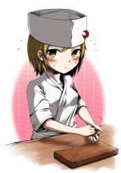Rule 34 | 1girl, alternate costume, blonde hair, blush, chef hat, cooking, crescent, cutting board, female focus, flying sweatdrops, harusame (unmei no ikasumi), hat, holding, lunasa prismriver, short hair, solo, sweat, touhou, yellow eyes