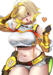 Rule 34 | 1girl, ahoge, arm guards, belt, blonde hair, blush, breasts, clothing cutout, crop top, crop top overhang, cropped sweater, elegg (nikke), gloves, goddess of victory: nikke, grey shorts, hair intakes, hair over eyes, heart, highres, large breasts, long bangs, long sleeves, looking at viewer, micro shorts, midriff, open mouth, purple eyes, shorts, shoulder cutout, solo, sonsoso, sweater, thick thighs, thighs, white sweater