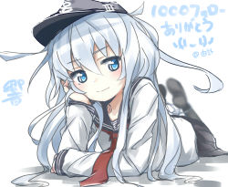 Rule 34 | 10s, 1girl, arm support, black pantyhose, blue eyes, blurry, blush, character name, depth of field, full body, hat, hibiki (kancolle), highres, kantai collection, light smile, long hair, looking at viewer, lying, on stomach, panties, panties around ankles, panty pull, pantyhose, school uniform, serafuku, simple background, solo, translation request, underwear, white background, white hair, yufuissei0702