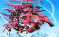 Rule 34 | bergflinker, character name, cloud, flying, frame arms, german text, highres, mecha, motion blur, motion lines, mountain, no humans, robot, science fiction, sky, solo, sparkle, suzu (garage516)