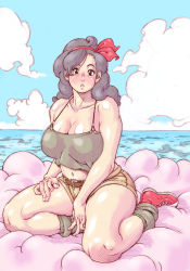 Rule 34 | 1girl, breasts, brown eyes, cleavage, cloud, curly hair, curvy, dragon ball, dragon ball (classic), grey hair, hair ribbon, hairband, highres, large breasts, long hair, looking at viewer, lunch (dragon ball), lunch (good) (dragon ball), midriff, millefeuille, ocean, plump, ribbon, shoes, shorts, sneakers, solo, thick thighs, thighs