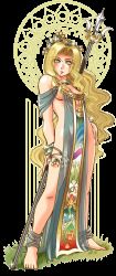 Rule 34 | 1girl, ankle wrap, bare legs, bare shoulders, barefoot, blonde hair, blush, bracelet, breasts, contrapposto, daimaou k, deel, full body, haevest, hand on own hip, head wreath, jewelry, laurel crown, lipstick, long hair, looking at viewer, makeup, medium breasts, naked tabard, necklace, no bra, no panties, olive, original, polearm, see-through, sideboob, solo, standing, tabard, transparent background, underboob, weapon