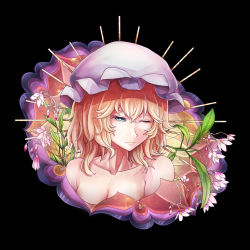 Rule 34 | 1girl, absurdres, bad id, bad pixiv id, bare shoulders, black background, blonde hair, breasts, cleavage, collarbone, dai (yamii), flower, frown, green eyes, hat, highres, maribel hearn, mob cap, one eye closed, simple background, small breasts, solo, squinting, touhou