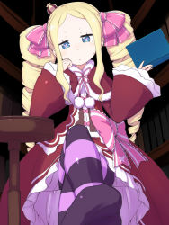Rule 34 | 10s, 1girl, bad id, bad pixiv id, beatrice (re:zero), blonde hair, blue eyes, book, bug, butterfly, butterfly-shaped pupils, capelet, crossed legs, crown, dress, drill hair, feet, foot focus, fur trim, hair ribbon, head rest, highres, insect, long hair, long sleeves, looking at viewer, mini crown, no shoes, pantyhose, re:zero kara hajimeru isekai seikatsu, ribbon, sitting, solo, striped clothes, striped pantyhose, sweatdrop, symbol-shaped pupils, takeda yukimura, twin drills, twintails