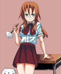 Rule 34 | 00s, 1girl, azuma satori, bamboo blade, bare legs, bow, bowtie, desk, glasses, johnny funamushi, jolly roger, ladle, looking at viewer, orange background, pleated skirt, red bow, red bowtie, red skirt, school uniform, serafuku, shirt, short sleeves, simple background, skirt, solo, standing, table, thighs, white shirt