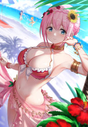 Rule 34 | 3girls, armlet, armpits, bare shoulders, beach, bikini, blue eyes, blue sky, blurry, blurry background, blush, bracelet, braid, breasts, cleavage, closed mouth, collarbone, commentary request, crown braid, day, flower, french braid, hair flower, hair ornament, hair up, halterneck, highres, hiyori (princess connect!), hiyori (summer) (princess connect!), jewelry, large breasts, looking at viewer, multiple girls, neck ring, ocean, outdoors, pink hair, princess connect!, red bikini, rei (princess connect!), rei (summer) (princess connect!), sarong, shore, short hair, sky, smile, solo focus, sunflower, sunflower hair ornament, swimsuit, tamakaga, thighs, water, yui (princess connect!), yui (summer) (princess connect!)