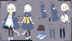 Rule 34 | 1girl, absurdres, animal ears, belt, black skirt, black thighhighs, blue coat, blue dress, bow, bowtie, cat ears, cat girl, cat tail, character sheet, coat, color guide, commission, delfino, dress, flat color, green eyes, grey background, hair bow, highres, hood, hood down, hooded coat, long sleeves, open clothes, open coat, original, pleated skirt, puffy long sleeves, puffy sleeves, shoes, short hair, short ponytail, short sleeves, simple background, skeb commission, skirt, sneakers, tail, thighhighs, white hair, yellow bow, yellow bowtie