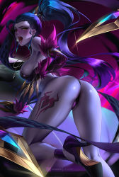 Rule 34 | 1girl, all fours, ass, bare shoulders, blue hair, blue skin, blush, breasts, cian yo, claws, colored skin, earrings, evelynn (league of legends), high heels, jewelry, k/da (league of legends), k/da evelynn, leg tattoo, lipstick, looking at viewer, looking back, makeup, open mouth, overwatch, overwatch 1, ponytail, sideboob, tattoo, widowmaker (overwatch)
