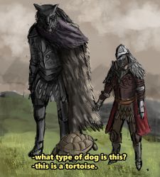Rule 34 | 2boys, absurdres, armor, blaidd the half-wolf, borat, cape, cloak, commentary, elden ring, english commentary, english text, full body, fur cloak, furry, furry male, gauntlets, greaves, helmet, highres, meme, multiple boys, outdoors, pelt, pixel axel, plate armor, pointing, pointing at another, scene reference, sketch, standing, subtitled, tarnished (elden ring), tortoise, truth, turtle, wolf boy