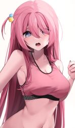 Rule 34 | 1girl, absurdres, blue eyes, bocchi the rock!, breasts, commentary request, cube hair ornament, gotoh hitori, hair between eyes, hair ornament, hair over one eye, highres, hiroside, long hair, medium breasts, open mouth, pink hair, side ahoge, solo, sports bra, white background