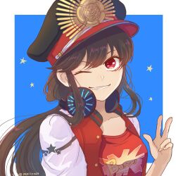 Rule 34 | 1girl, black hair, blue background, border, buster shirt, crest, family crest, fate/grand order, fate (series), hat, headphones, headphones around neck, highres, jacket, letterman jacket, long hair, long sleeves, military hat, oda nobunaga (fate), oda nobunaga (swimsuit berserker) (fate), oda uri, one eye closed, open clothes, open jacket, papico0154, peaked cap, red eyes, simple background, smile, solo, upper body, v, white border