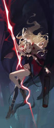 Rule 34 | 1girl, :|, absurdres, asymmetrical sleeves, blonde hair, breasts, cage, cape, closed mouth, crown, earrings, ereshkigal (fate), expressionless, fate/grand order, fate (series), floating, from below, full body, glowing, glowing weapon, gold trim, hair ribbon, highres, holding, holding cage, holding polearm, holding weapon, hood, hooded cape, infinity symbol, jewelry, long hair, looking at viewer, meslamtaea (weapon), modare, multicolored cape, multicolored clothes, parted bangs, polearm, red cape, red eyes, ribbon, single sleeve, single thighhigh, skull, solo, spear, spine, thighhighs, tiara, two side up, uneven sleeves, very long hair, weapon, yellow cape