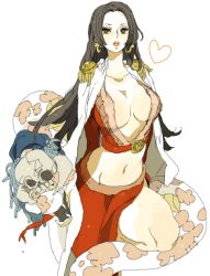 Rule 34 | 1girl, amazon lily, amazon warrior, black hair, boa hancock, breasts, cape, cleavage, earrings, epaulettes, fangs, female focus, heart, jewelry, kinako (marubotan), large breasts, long hair, midriff, navel, one piece, open mouth, salome (one piece), side slit, simple background, skull, snake, snake earrings, solo, very long hair, white background